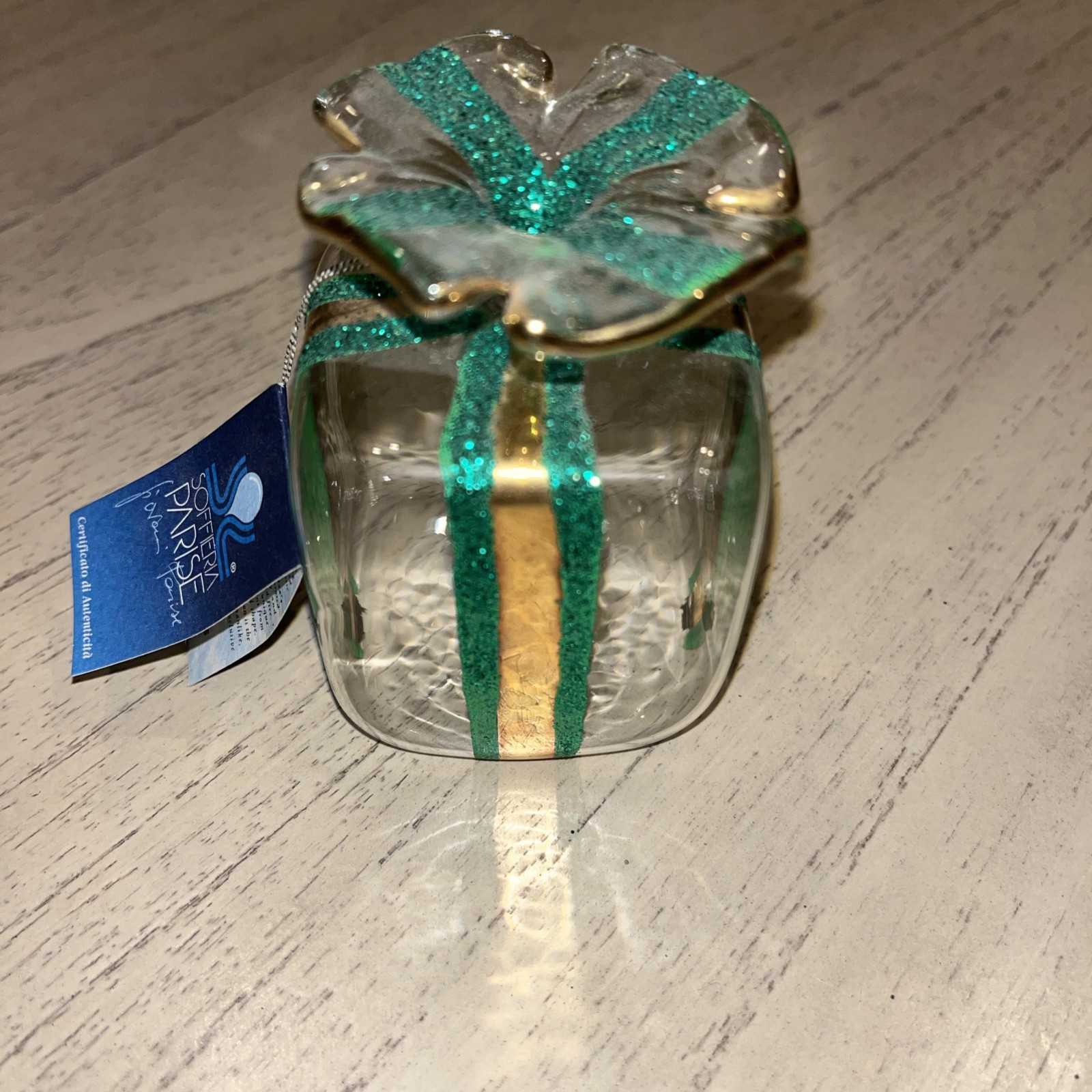 Italian Soffieria Parise Vetro Gift Box Hand Blown Art Glass Green & Gold Detail