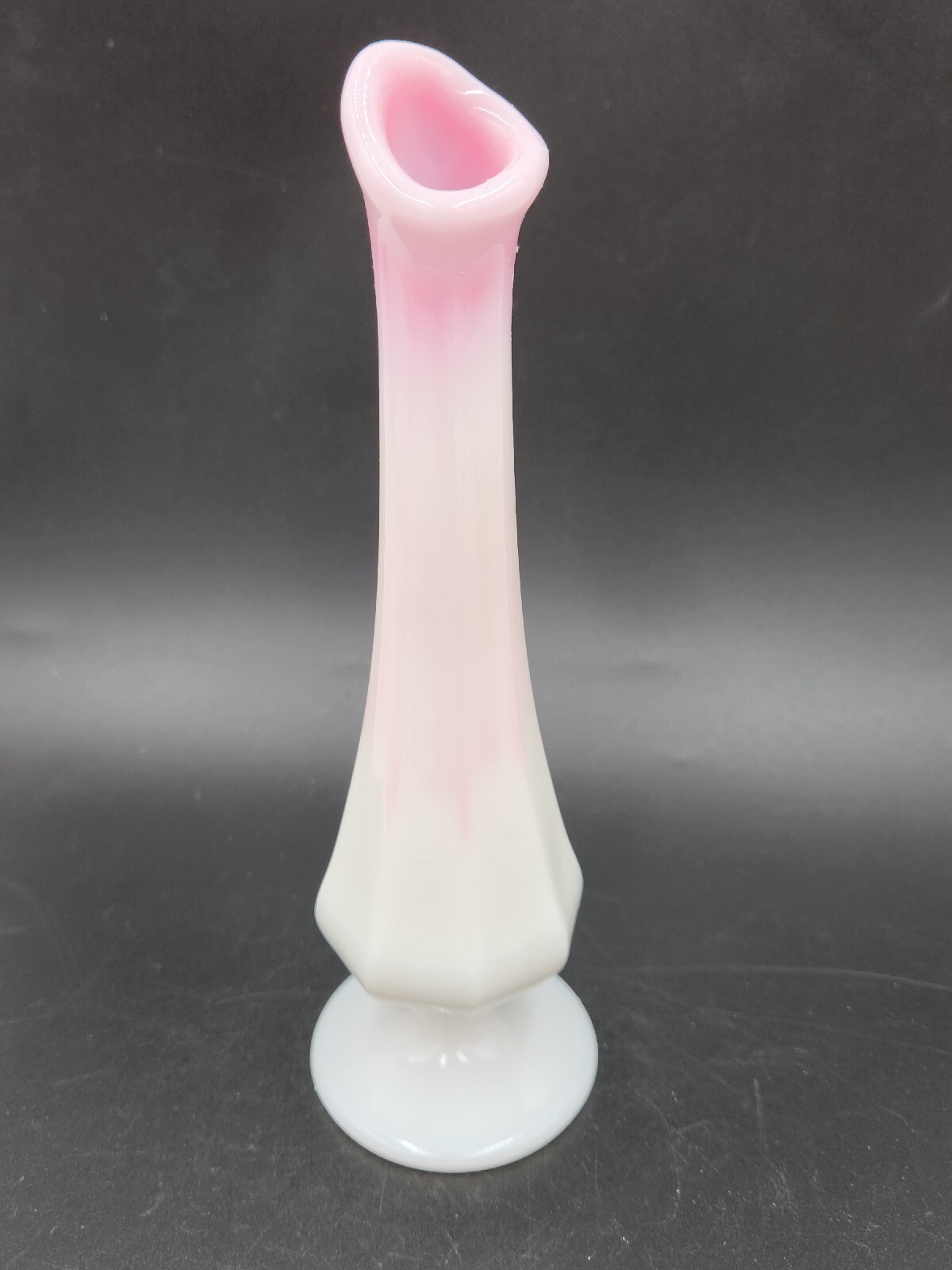 Vintage Fenton Glass Bud Octagon Vase Rosalene Pink and White Slag Marble 8″