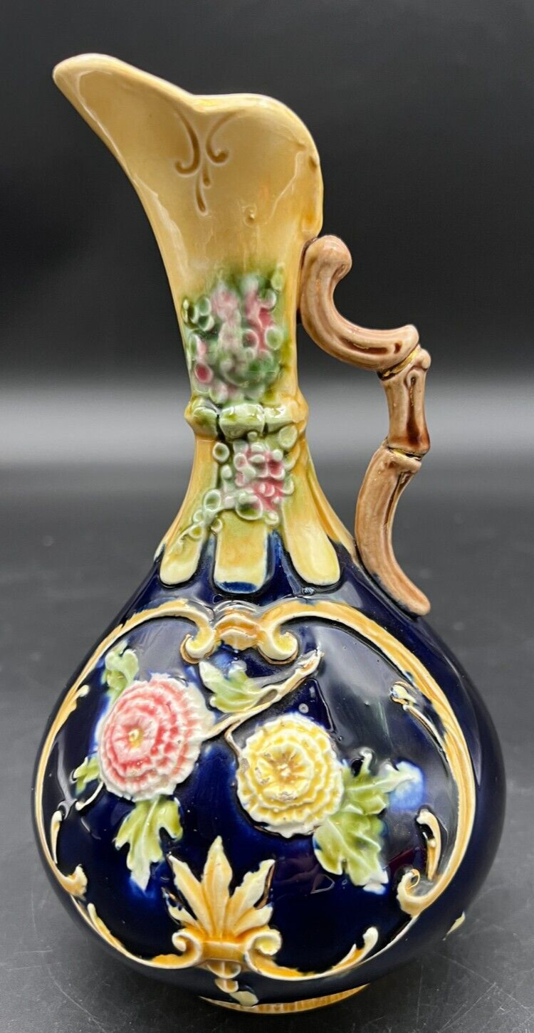 Continental Majolica Cobalt and Yellow Flower Bud Pitcher Vase