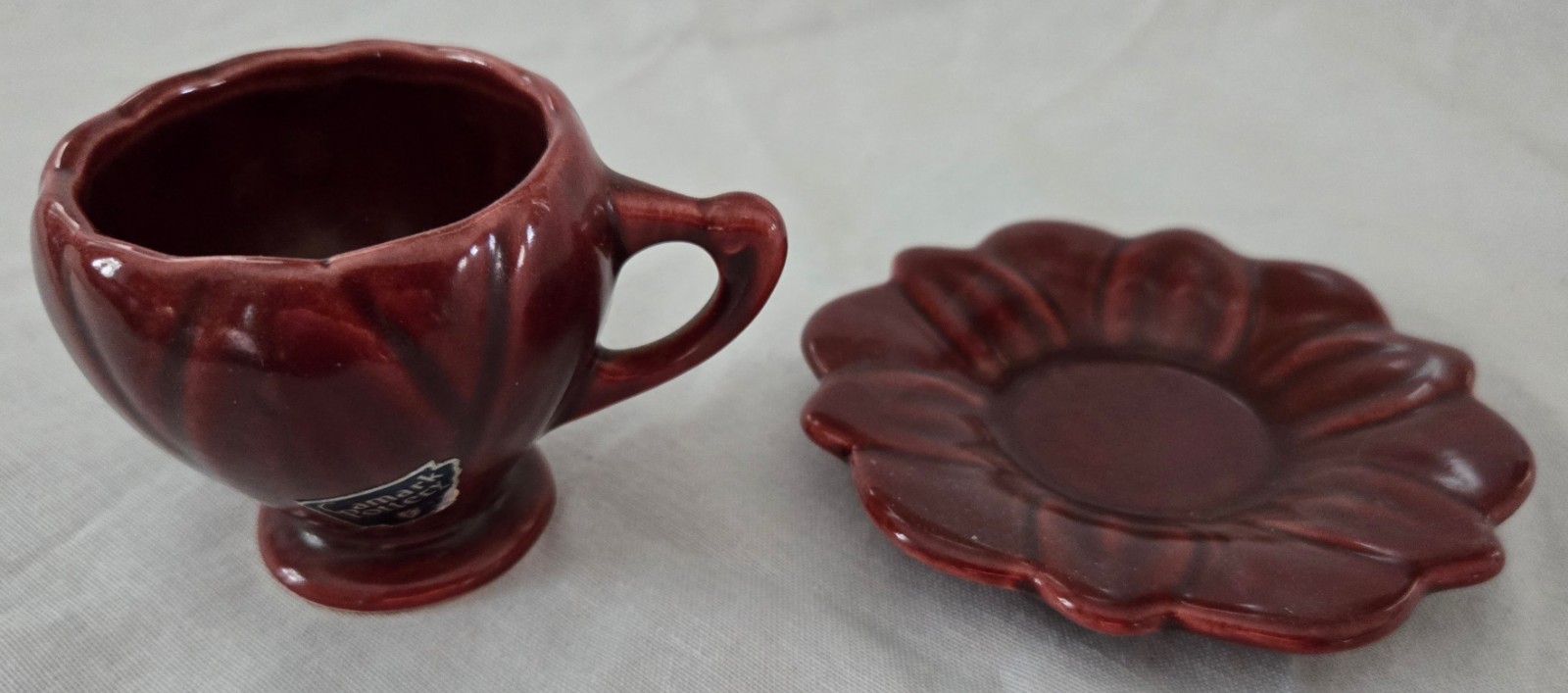 Vintage Camark Lotus Teacup Saucer Burgundy Oxblood Arkansas Pottery