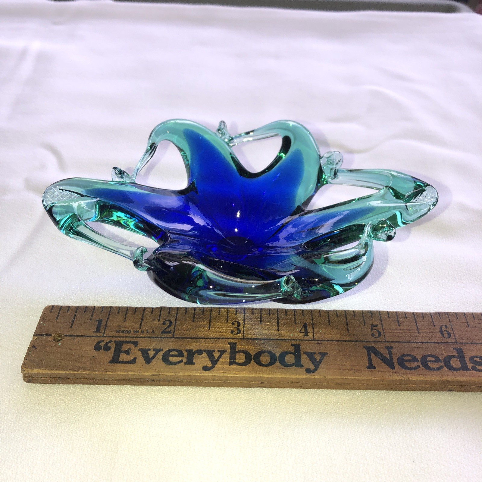 VINTAGE MURANO STYLE ART GLASS WAVE CRYSTAL DISH BLUE & GREEN 6 X 4.25 X 1.75
