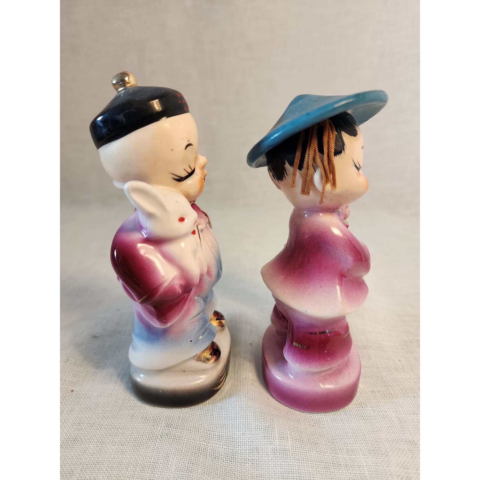 Kitschy Asian Boy and Girl Figurines with Bunny Rabbit and Puppy Dog, Set of 2