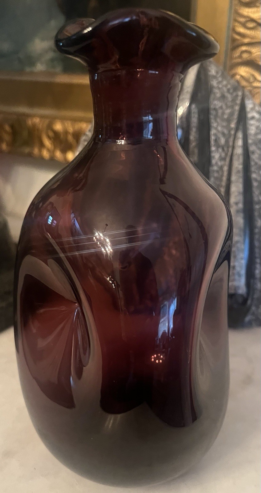 Vintage Amethyst Hand Blown Ruffled Rim Vase, 8 1/2”