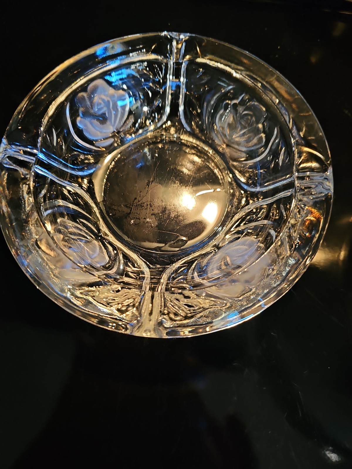 Vintage KIG Indonesia Ashtray Pressed Etched Glass Rose Pattern