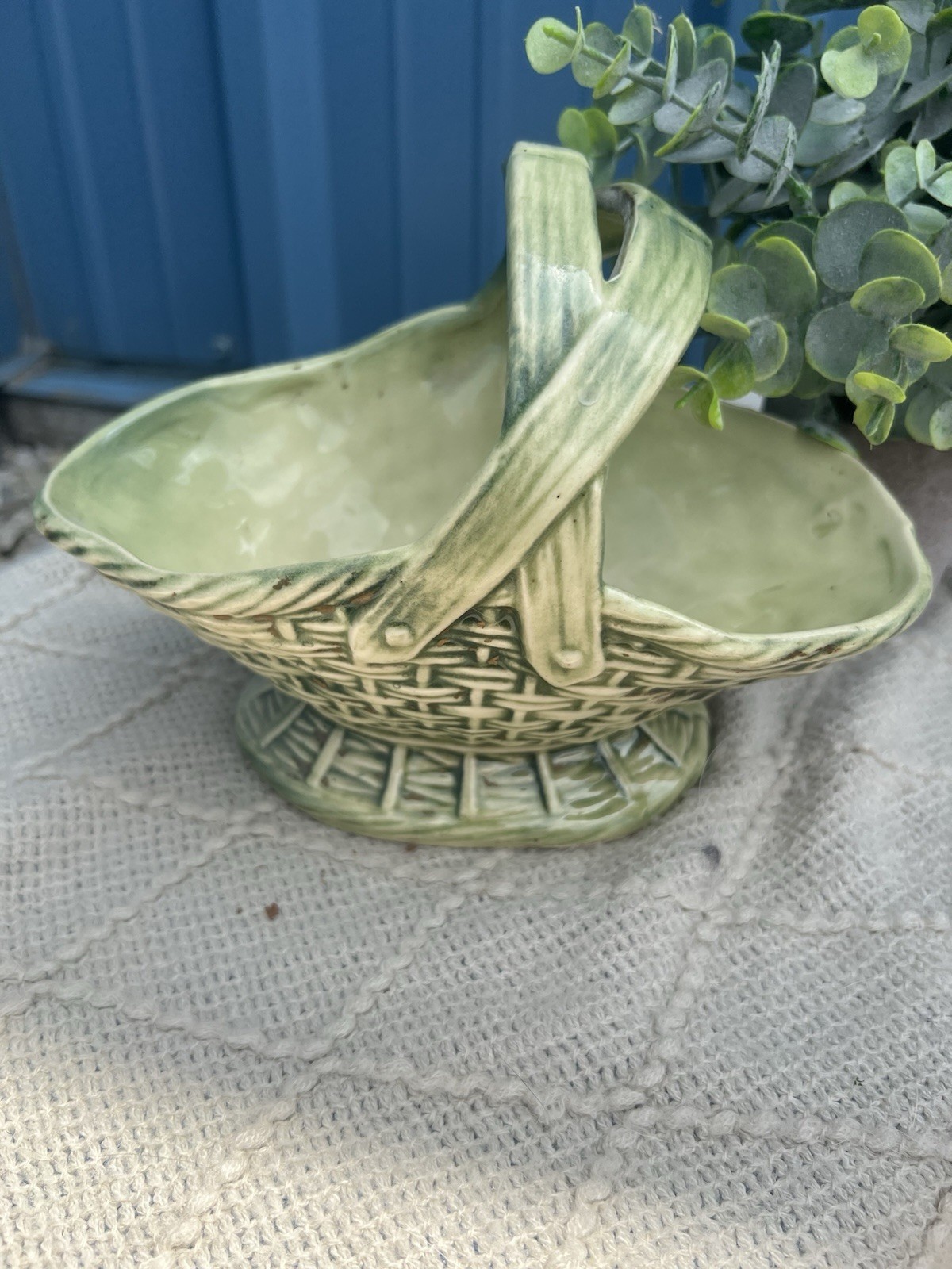 Vintage McCoy Pottery Green Basketweave Planter Two Handled Flower Basket 1950s