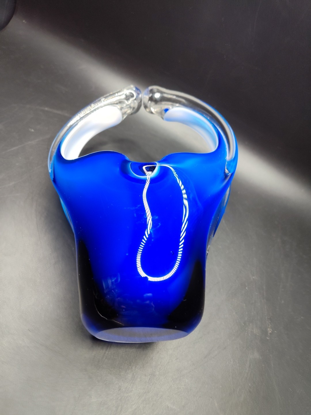 Murano Italian Hand Blown Glass Basket Candy/Nut Dish Cobalt Blue and White VTG