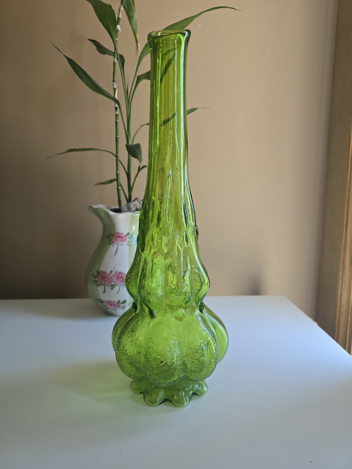 Vintage Empoli Green Glass Vase Italian Mid Century Optical Bubble Stretch 15 In