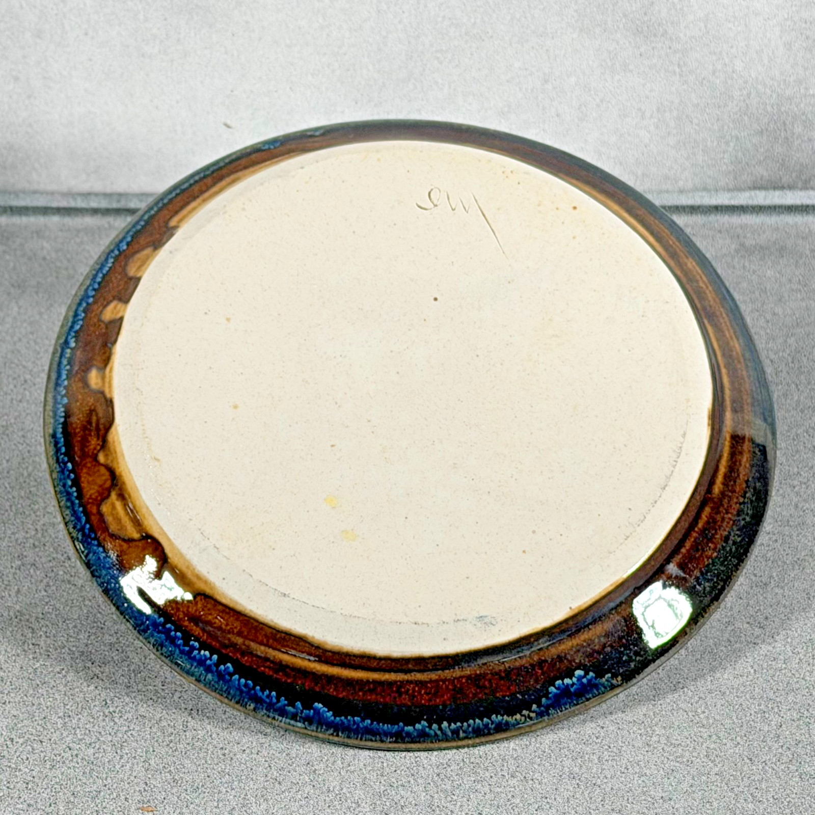 Vintage Studio Pottery Chip & Dip Plate Blue Drip Glaze Signed Handmade 8″