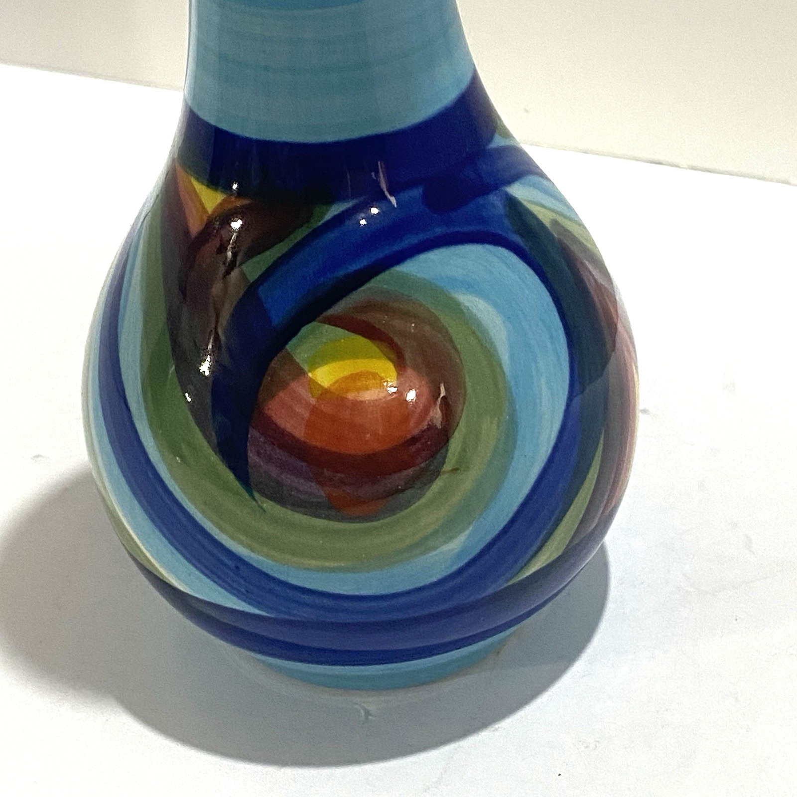 Gail Pittman Hand Painted Art Pottery Bud Vase Signed Multicolor Blue Swirl 6.5″
