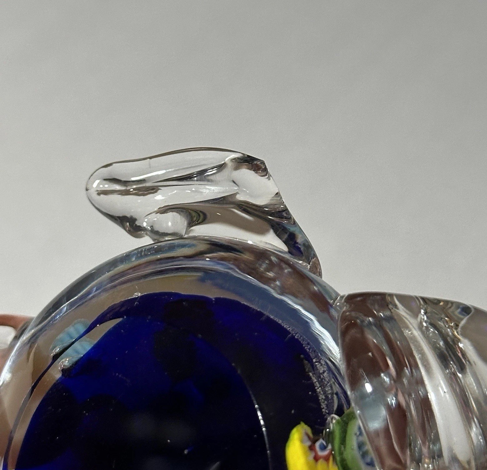 Murano Glass Sea Turtle Clear and Blue With Millefiori Canes Decor Art Piece