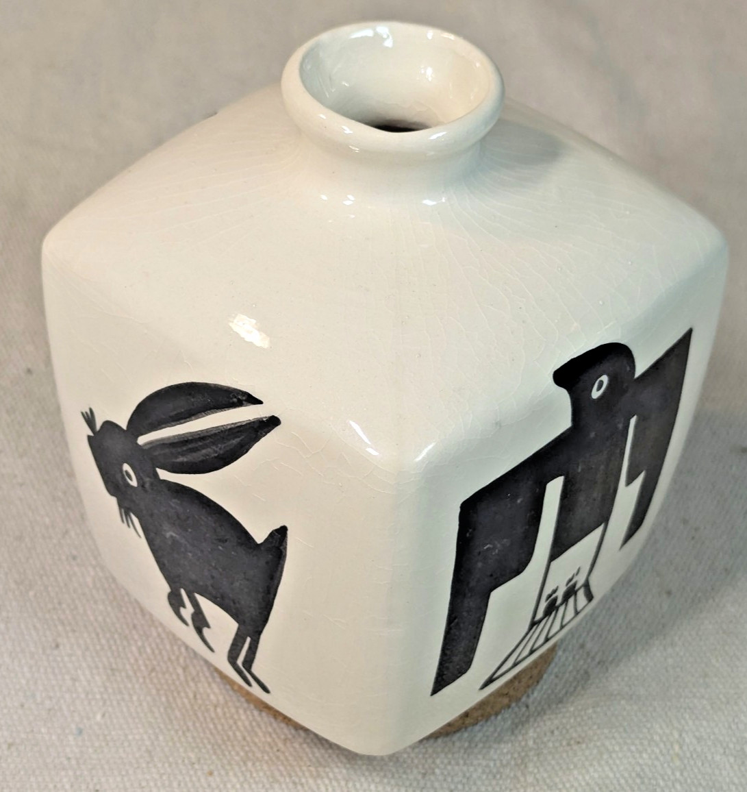 Twigwood Art Pottery Vase, Folk Art Rabbit, Raven, Thunderbird Black & White