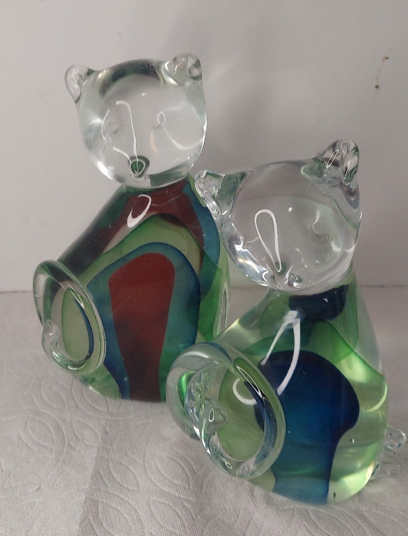 Art Glass Murano Style Cats 2 8″×6 & 7″×6″ Heavy Almont 8 Lbs Combined.