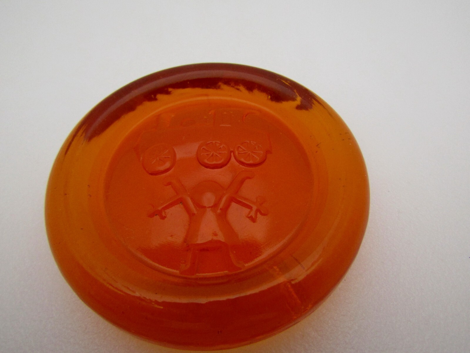 Unbranded Amber Glass 2 1/2″ Round Flat Bottom Girl With Train Paperweight 3D