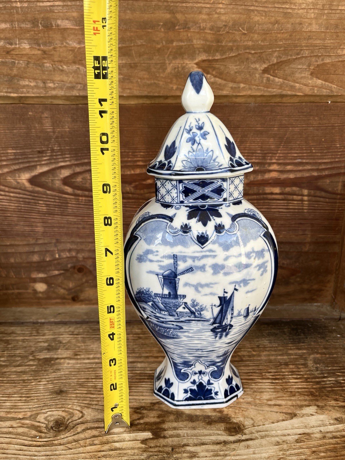 DELFT BLUE & WHITE LIDDED VASE GINGER JAR 12 INCHES WINDMILL HOLLAND