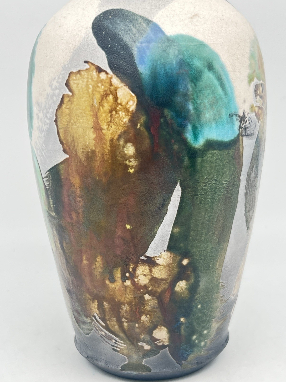 Raku Art Pottery Hand Made Vase 8.5” Tall Abstract Multi Colors