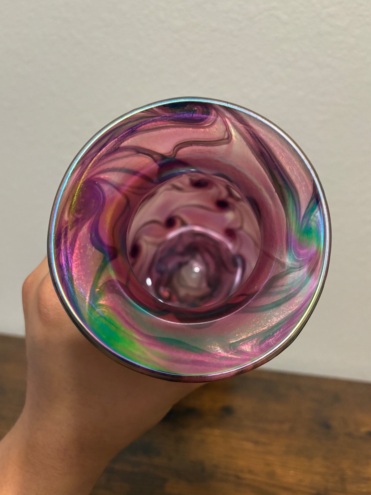 Bohemian Purple Iridescent 9.75″H Pulled Trellis Pattern & Prunts Art Glas Vase