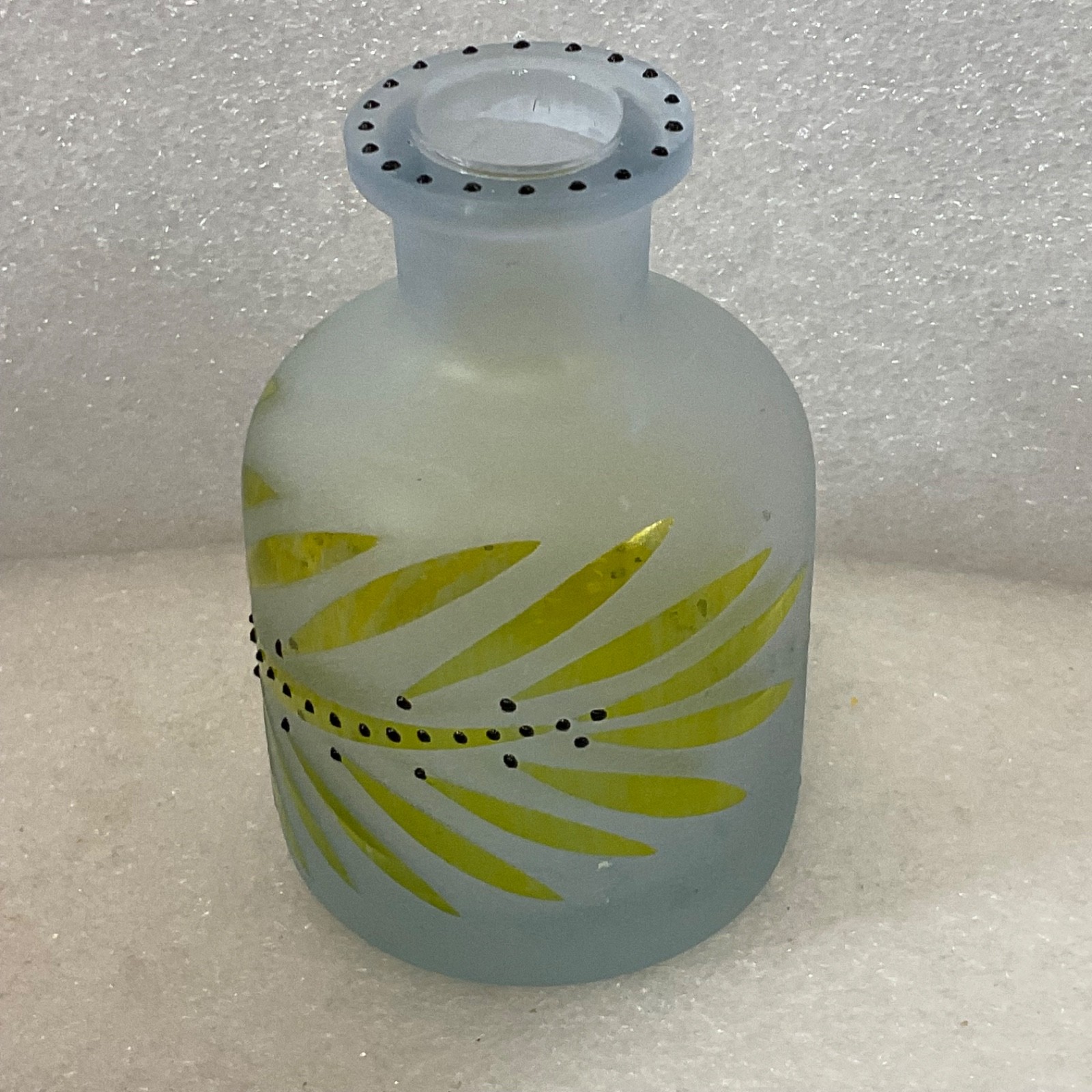 Hand Painted Frosted Glass Bottle Vase 2.5in Blue Yellow No Stopper