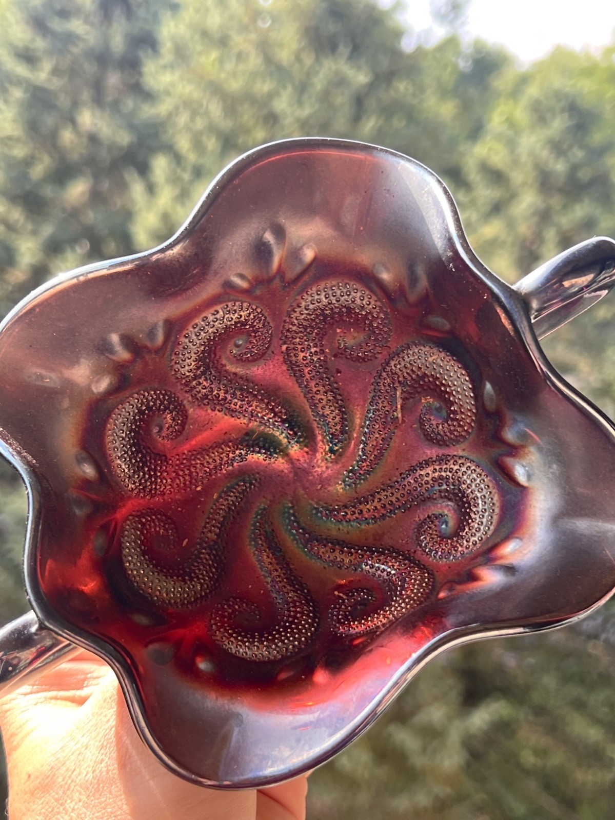 Antique Dugan Amethyst Carnival Glass Octopus Question Marks Bonbon Dish