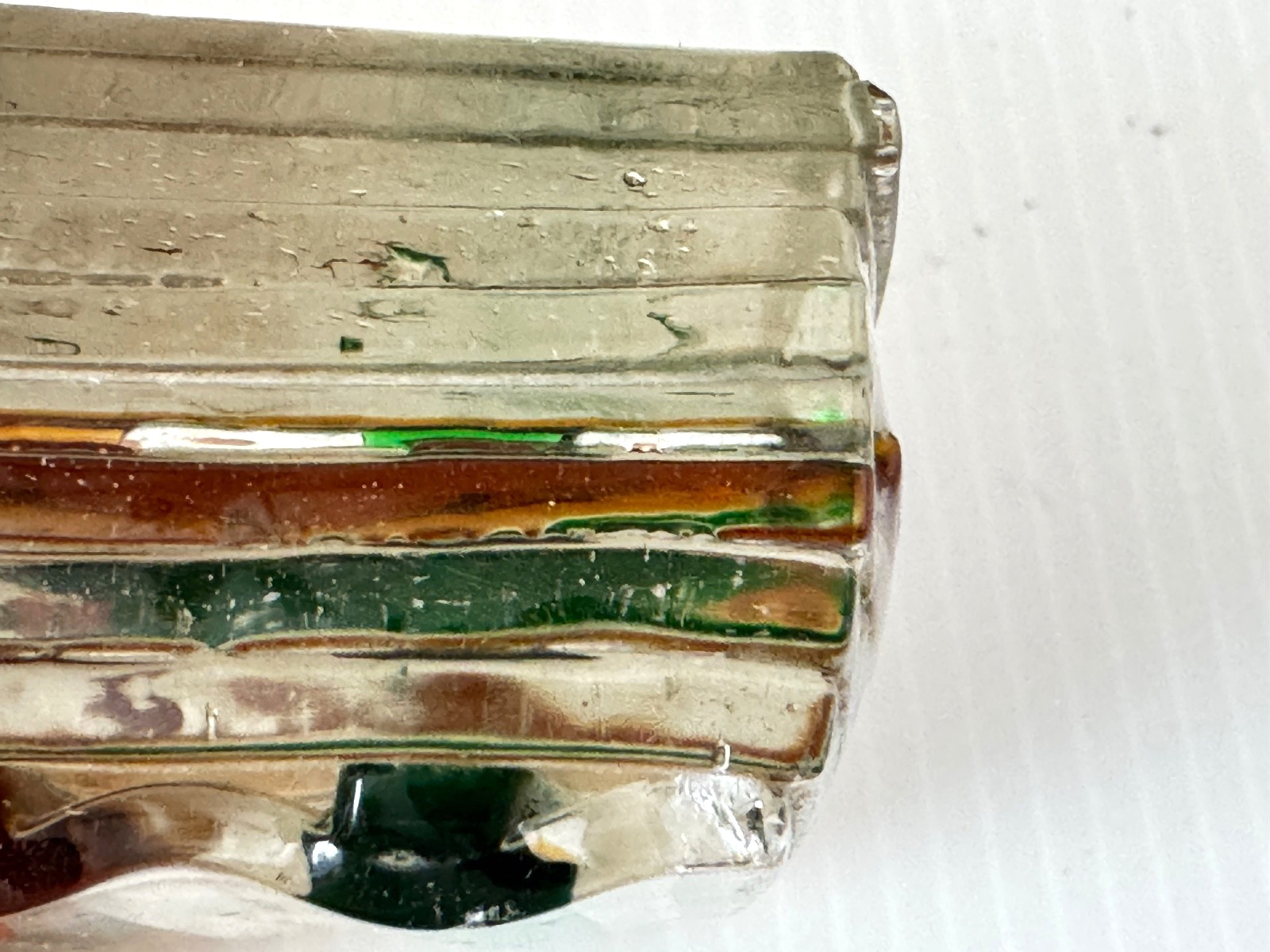Hand Made Fused Glass Green & Orange Plaid Paperweight 10 Layers Thick 3″x1″