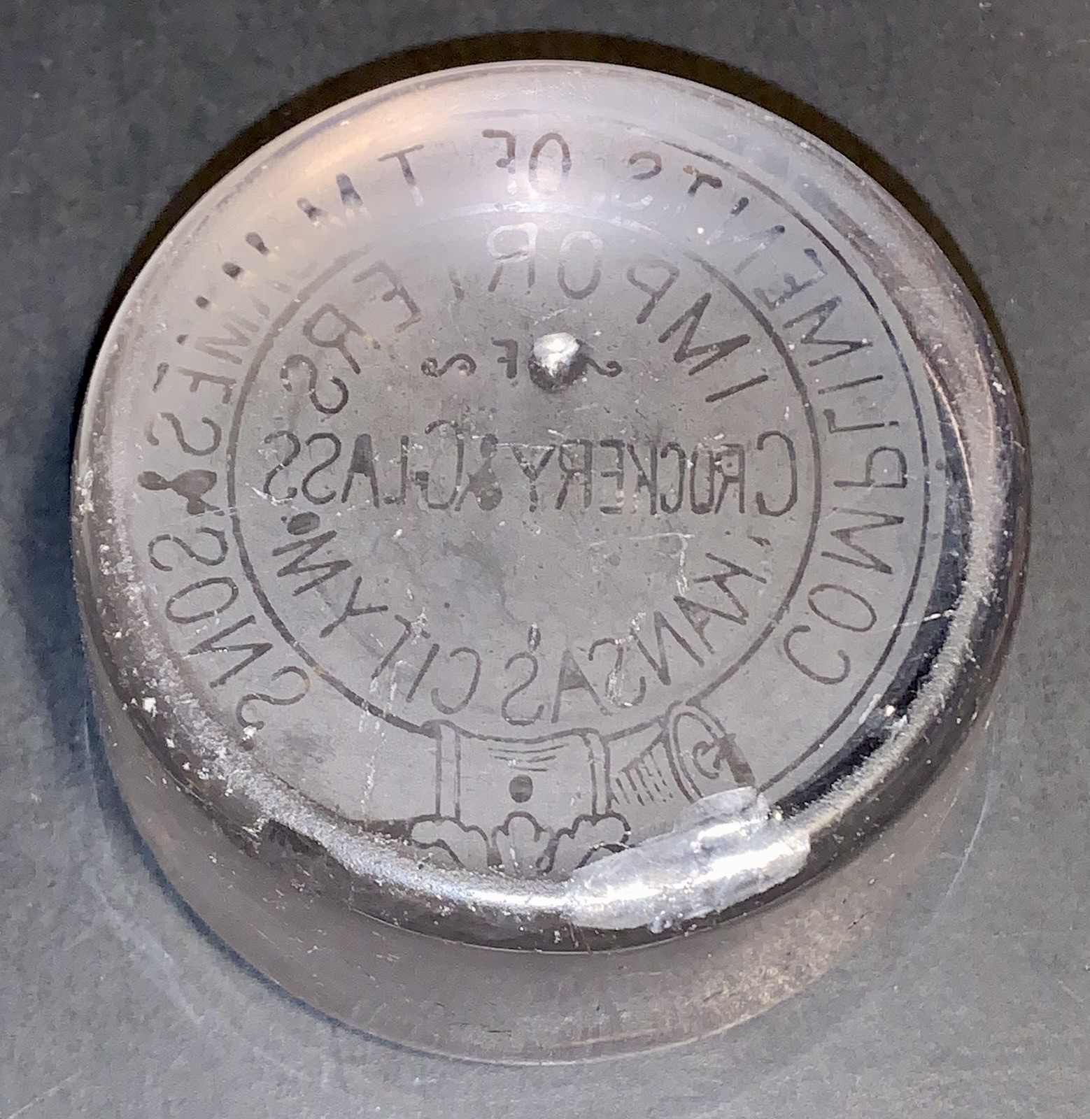 T.M. James & Sons Crockery & Glass Advertising Paperweight Kansas City Missouri
