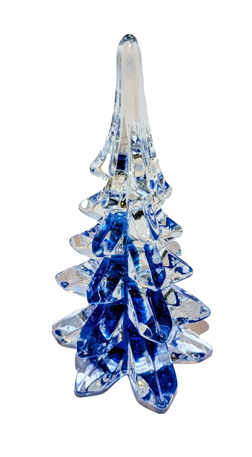 Vtg MidWest Cobalt Blue Art Glass Xmas Pine Tree Crystal Ribbon Sculpture x2 A+
