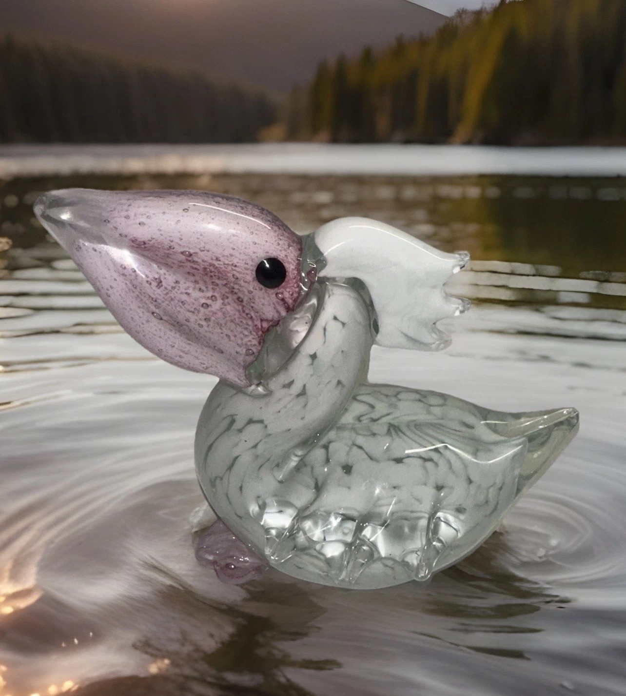 Murano Style Art Glass Pelican Figurine Pink White Blown Glass Bird 7” Coastal