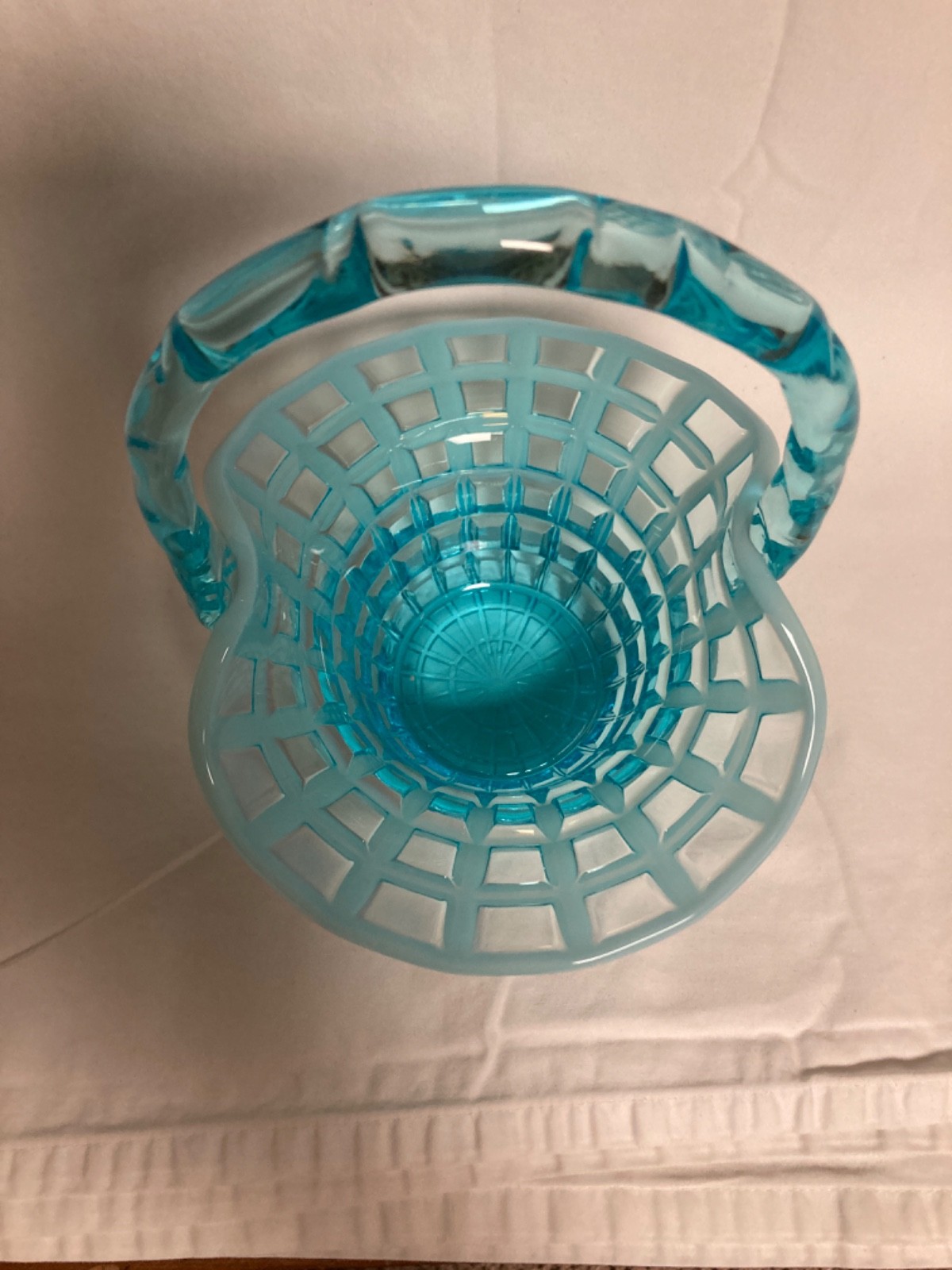 Fenton Waffle Glass Basket, Aqua Blue Opalescent, 1960 Beatty Waffle Pattern