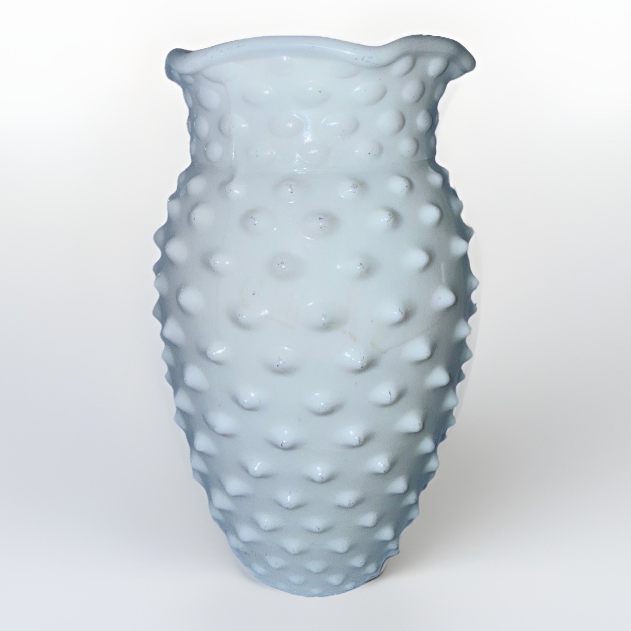 Vintage LE Smith White Milk Glass Hobnail Vase 8″ tall Ruffled Rim MCM