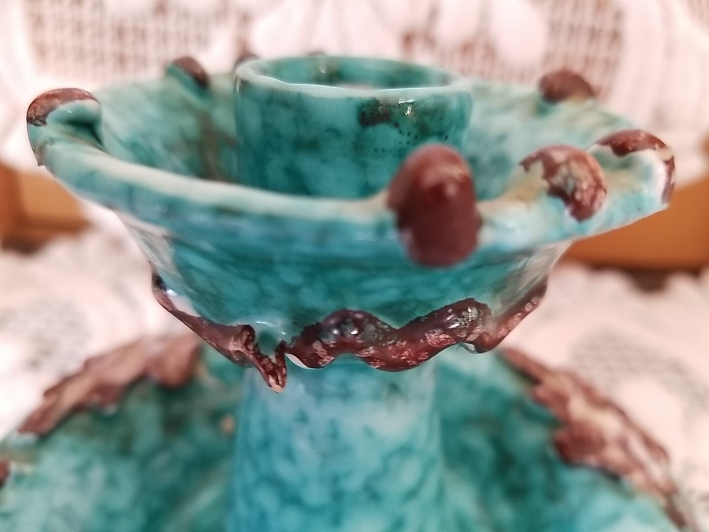 Candle Holder Pottery Blue Green Textured Brown Glaze Italy Signed