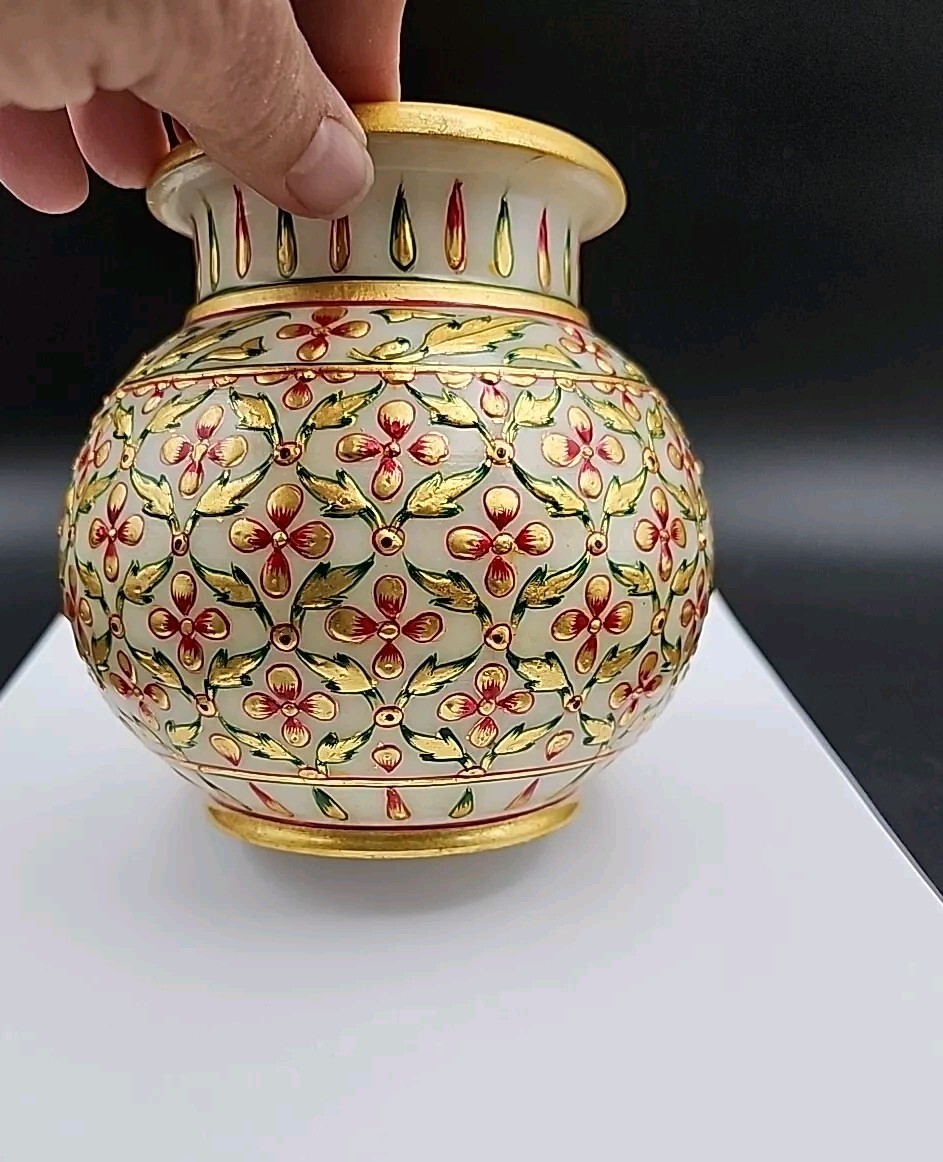 Vtg Indian Mughal Style Makrana Marble Hand Painted Vase Gold Gilded, Light Thru