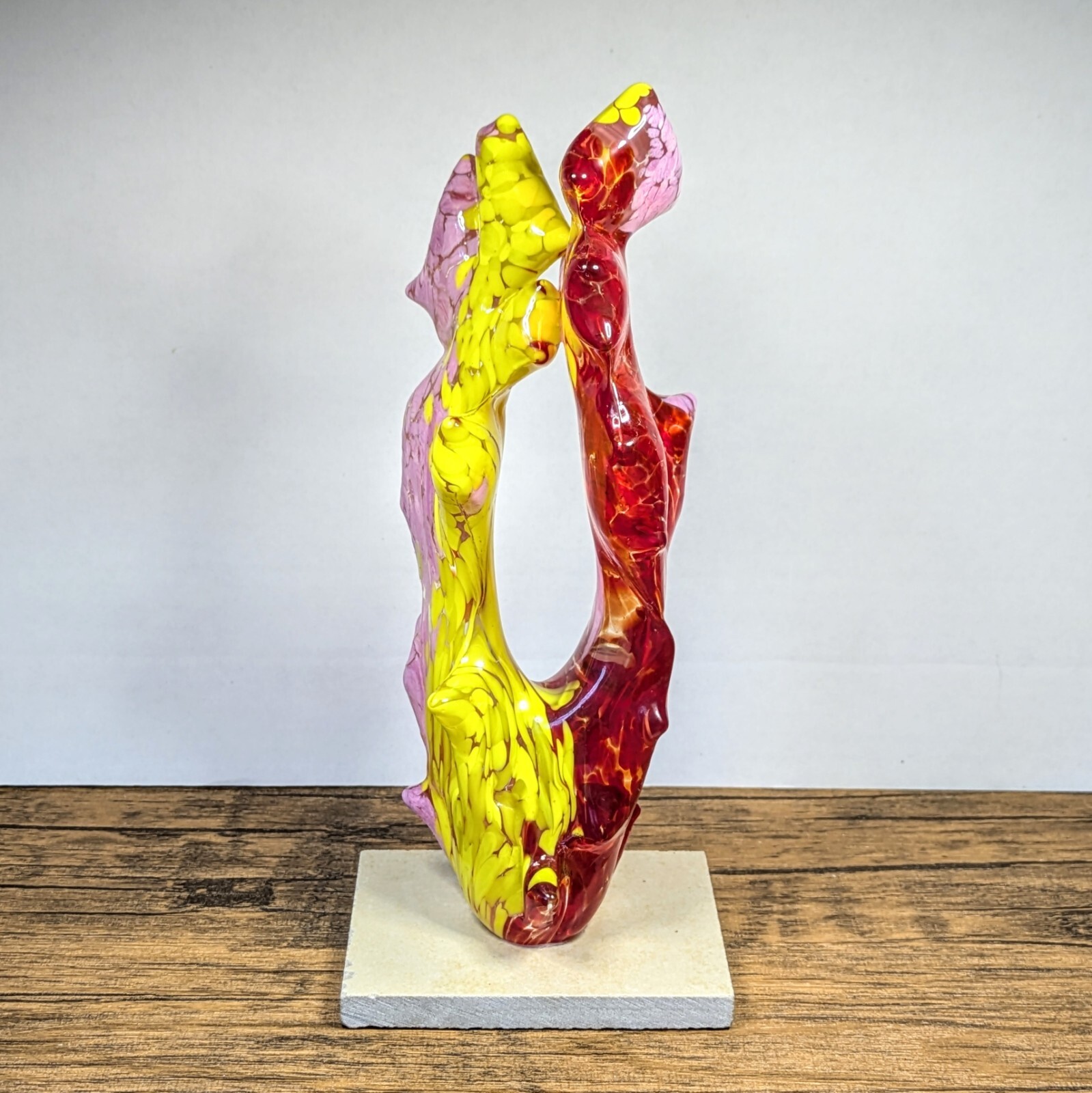 9″ Glass Art Deco Sculpture w/ Base, Hand Crafted Abstract, Red Yellow Pink