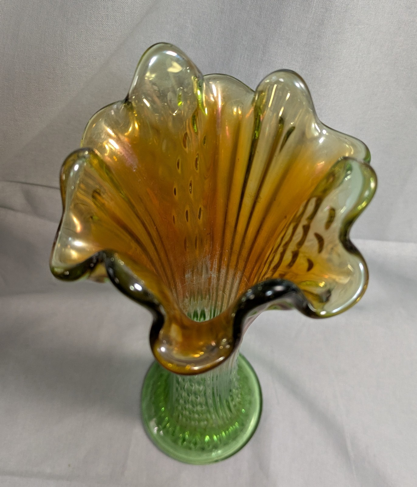 Vtg Fenton Diamond Point Column Carnival Glass 12” Swung Vase Orange to Green