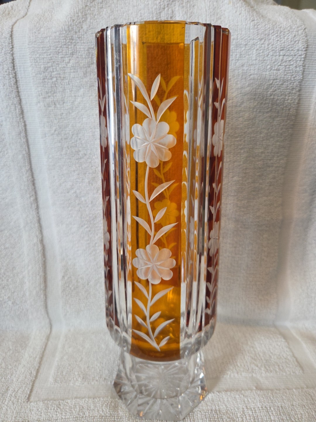 1960’s Huta Szkła Julia Yellow Amber Cut to Clear Crystal Vase Made in Poland