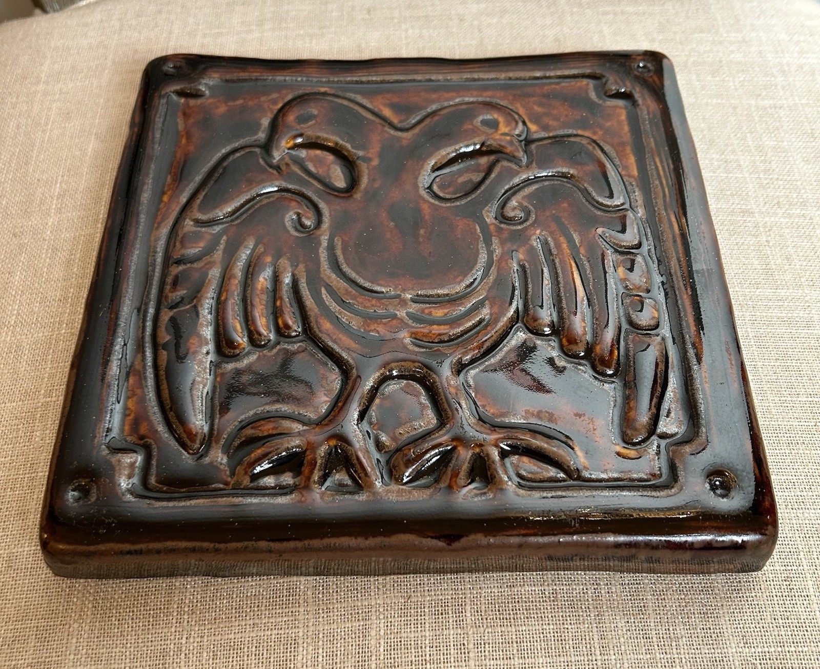 VTG Pewabic Pottery Two Headed Imperial Eagle 7.5” Tile With Tortoiseshell Glaze
