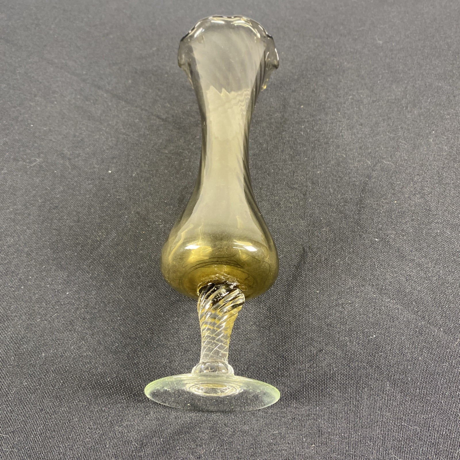 Vintage 8” Smoky Olive Fluted Glass Bud Vase Scalloped Rim Twisted Spun Stem MCM