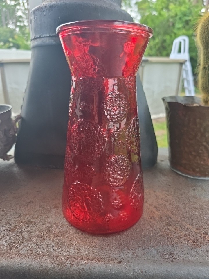 VTG Fenton Ruby Red Vase Fruit Berry Floral Pattern Embossed 9.75″ Acorn On Base