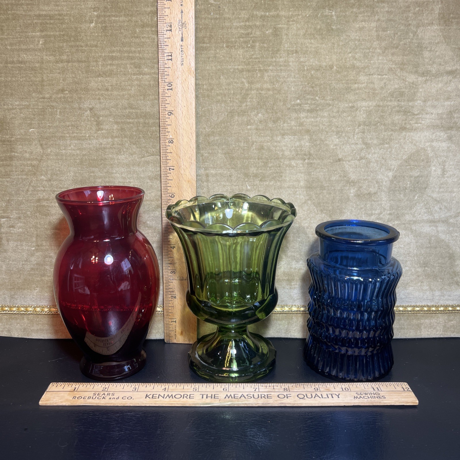 Vintage Royal Ruby Red Moss Green Sapphire Blue Vase Lot Trio Transparent Glass