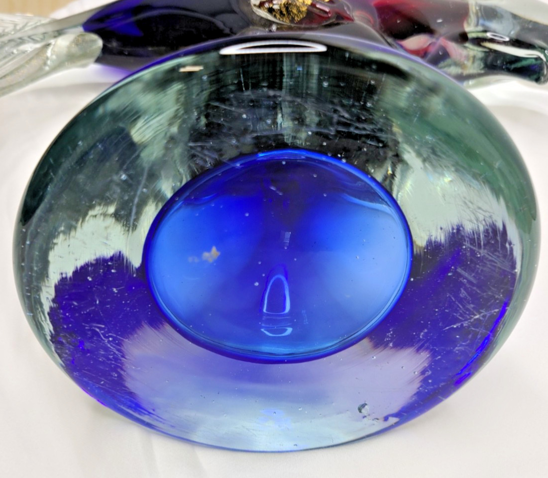 Vintage 1970s Murano Style Glass Fish Sculpture Blue Purple Clear Gold 14 Inch