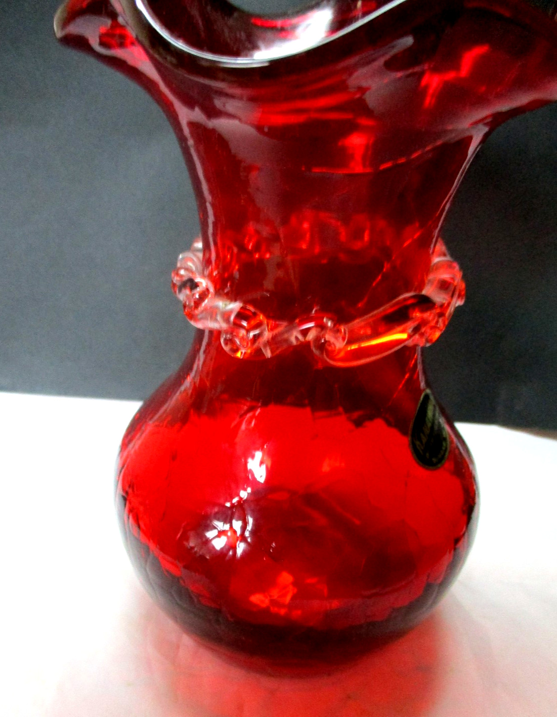 Kanawha Ruby Red Crackle Glass Vase with Applied Rigaree Scroll Decor w-sticker