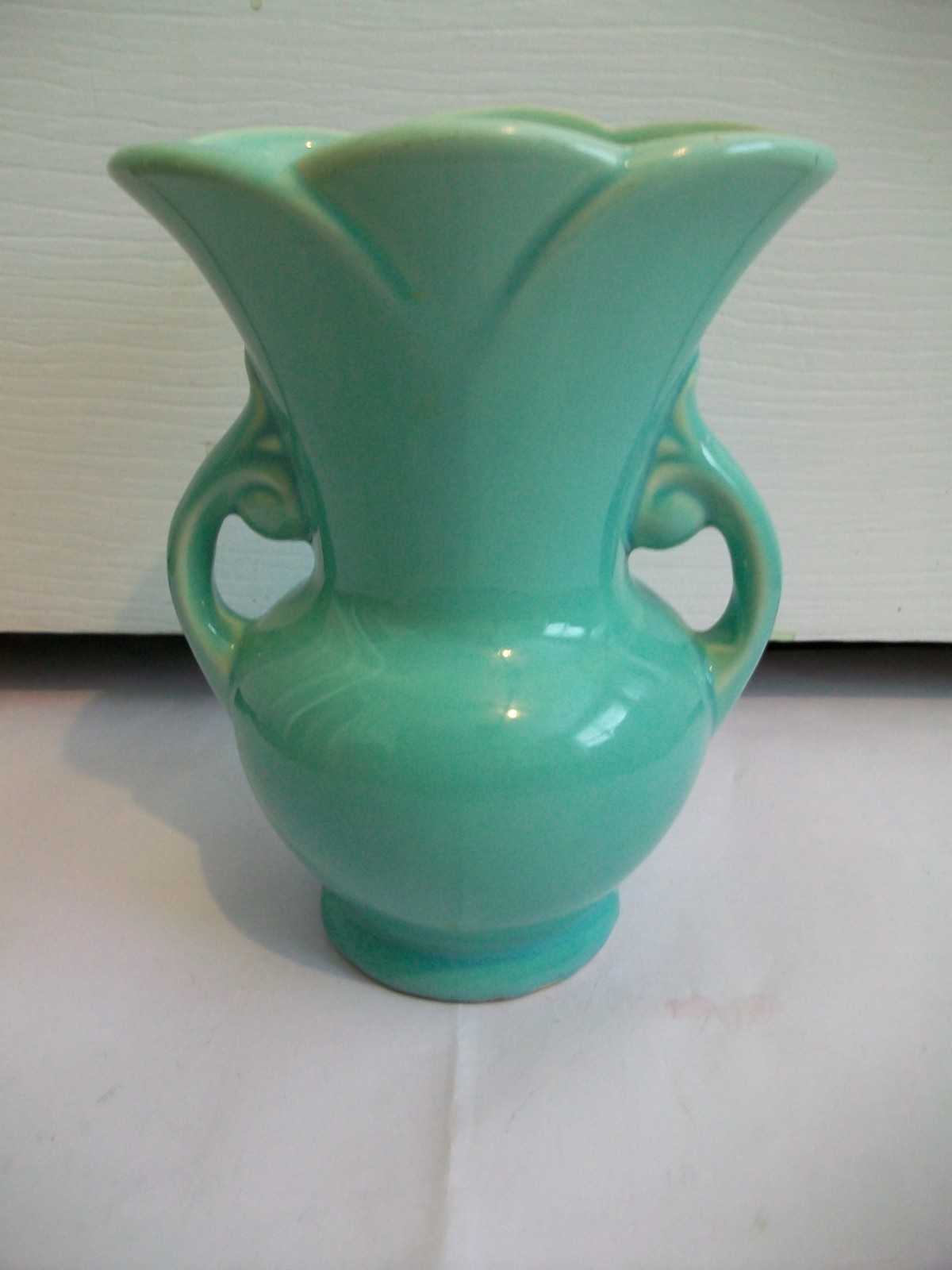 Vintage Pale Green 7″ Tall Double Handle Vase Antique Pottery USA Made