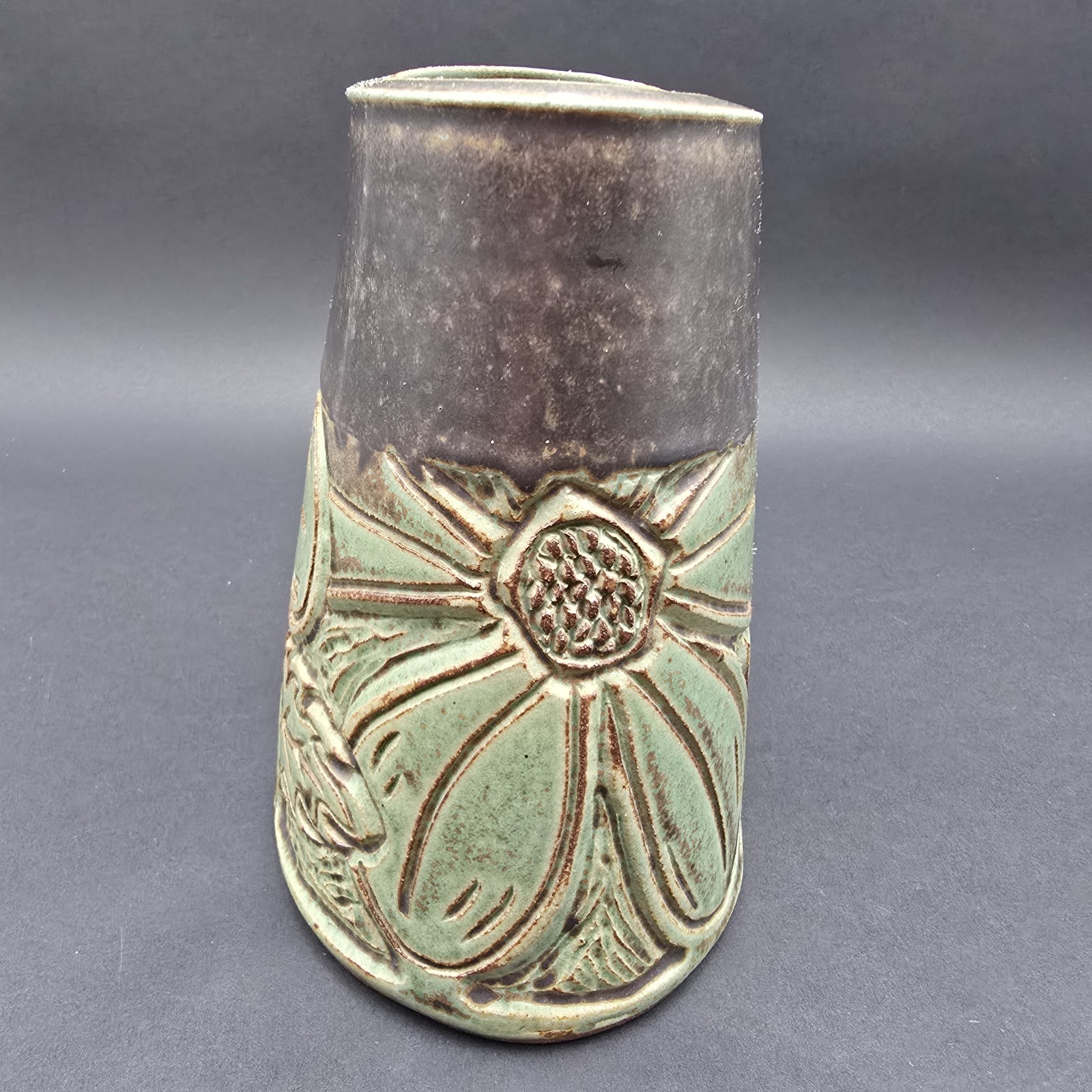 Laurie Landry Pottery Vase Embossed Studio Art Pottery Handmade Stoneware 8.5″