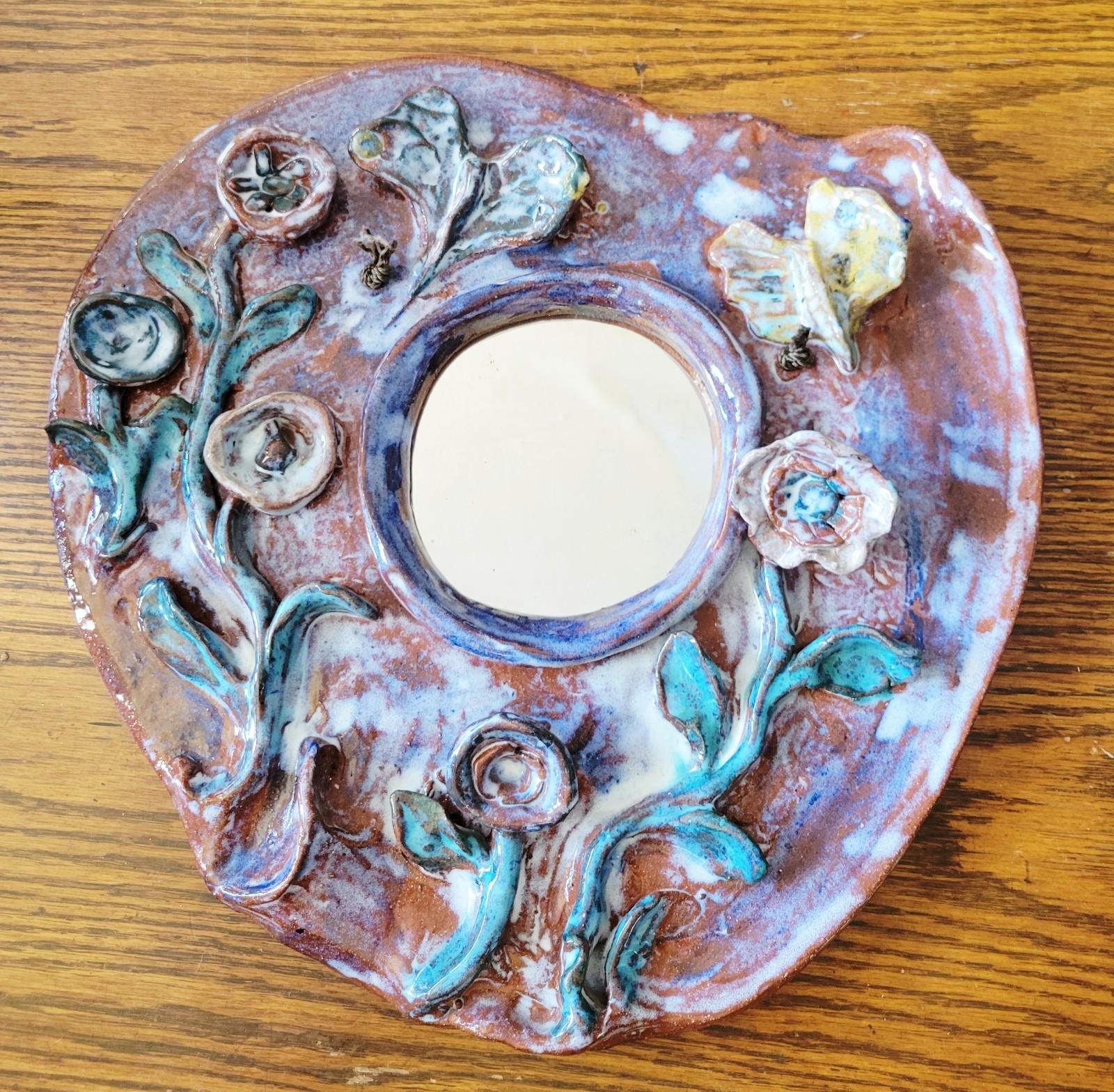 One-of-a-Kind Hand-Crafted Glazed Ceramic Art Pottery Wall Mirror with Raised…
