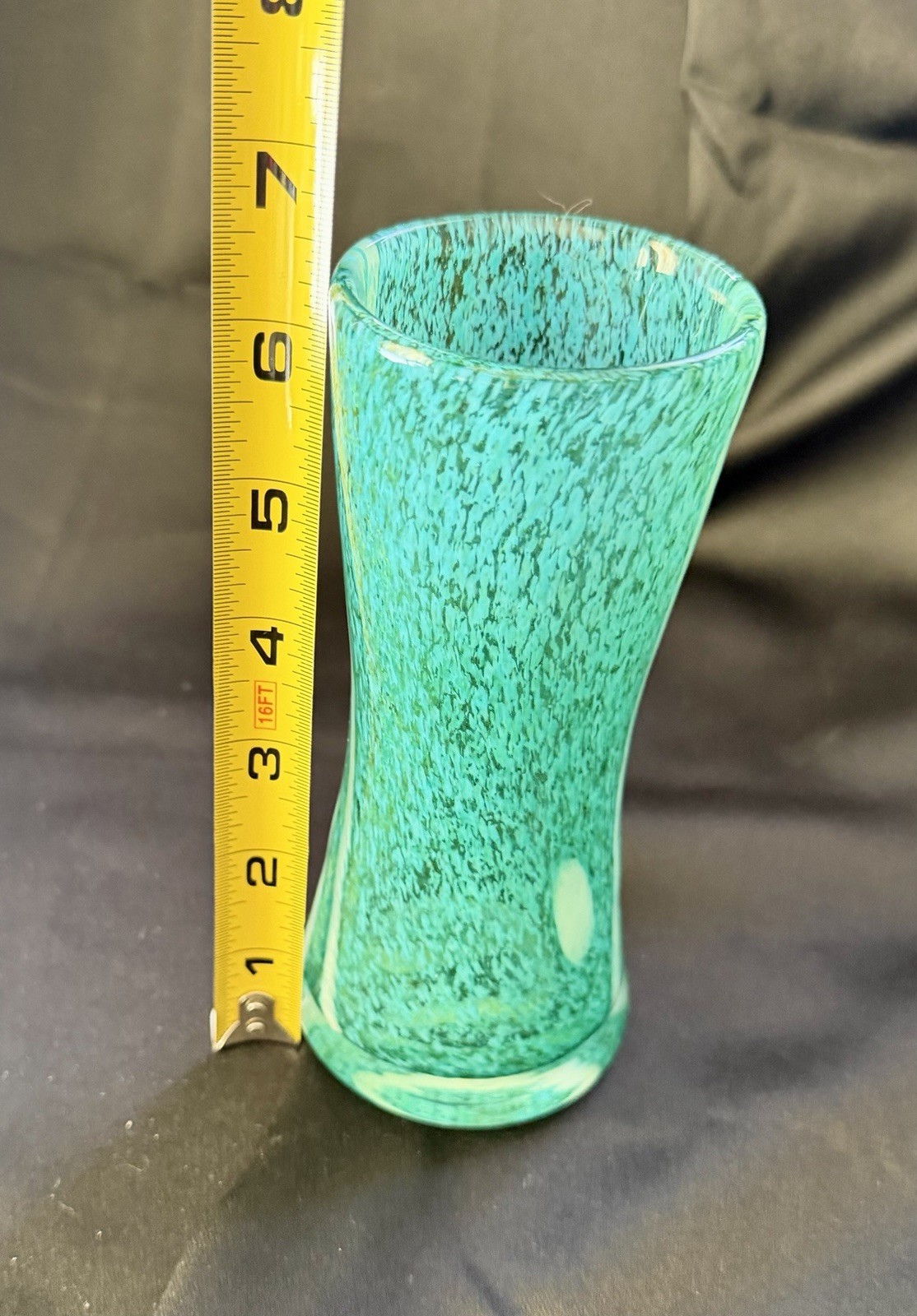 Hand Blown Glass Vase Teal With White Designs – 6 1/4 Inches Tall