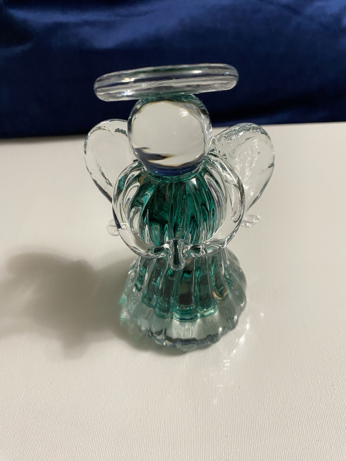 Crystal Clear Teal Gold Swirl Praying Angel Stamped 2011 6” Tall Blenko?