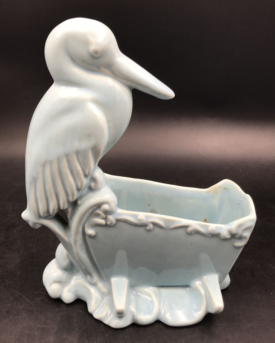 VTG Haeger Pottery Baby Blue Pelican Stork Bird Sitting on Perch Planter 10″
