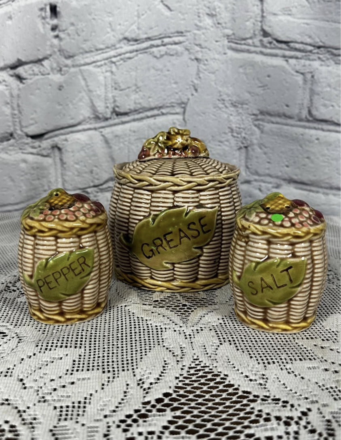 Vintage Tilso Japan Ceramic Basketweave Salt, Pepper, and Grease Jar Set