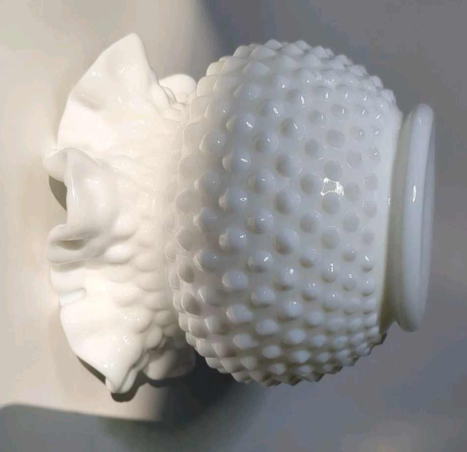 Vintage Large Fenton Milk Glass Hobnail Vase Rose Bowl Ruffled Edge 5.5” Tall