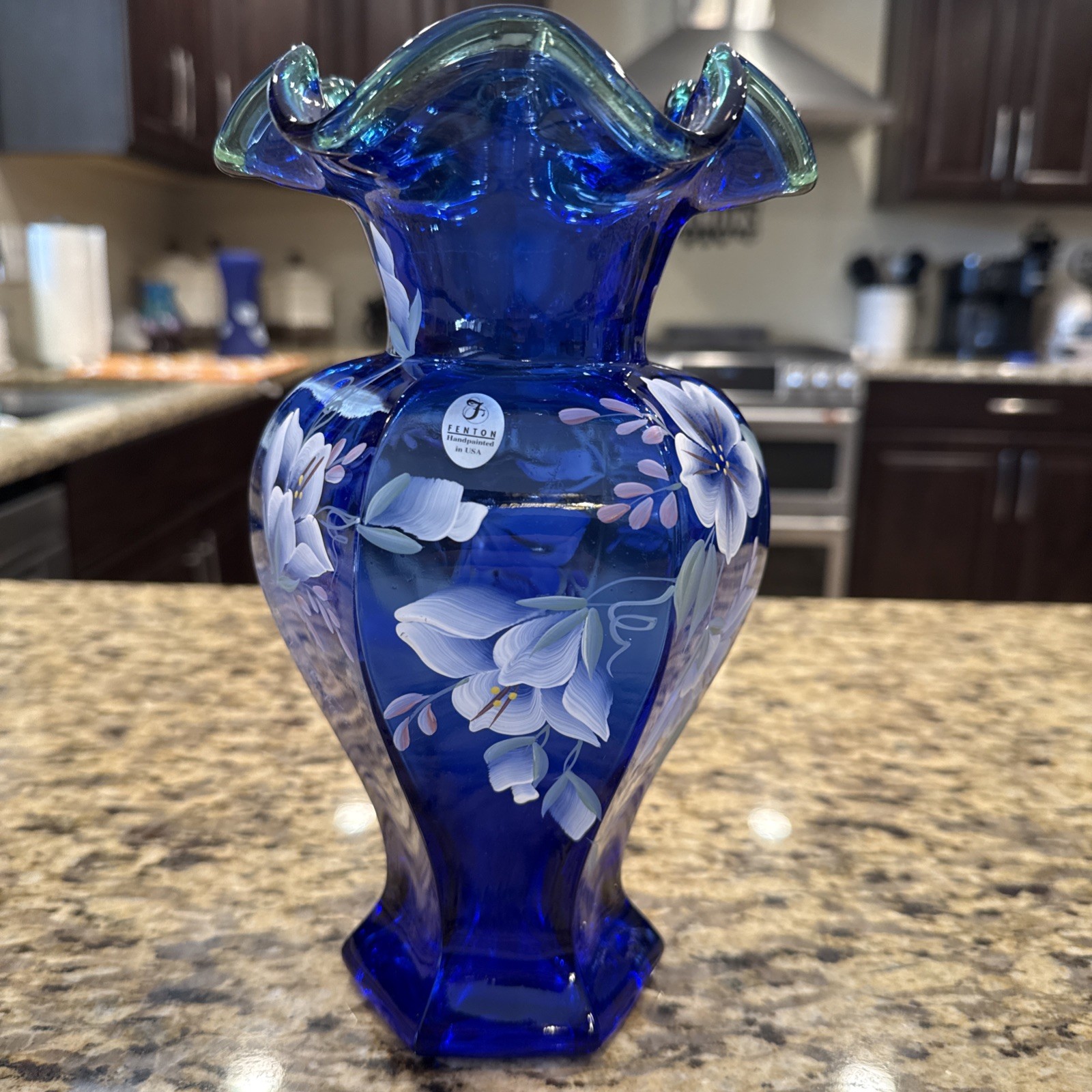 Fenton Hand painted 75th Celebration Vase 1998 Cobalt Blue Green trim Signed