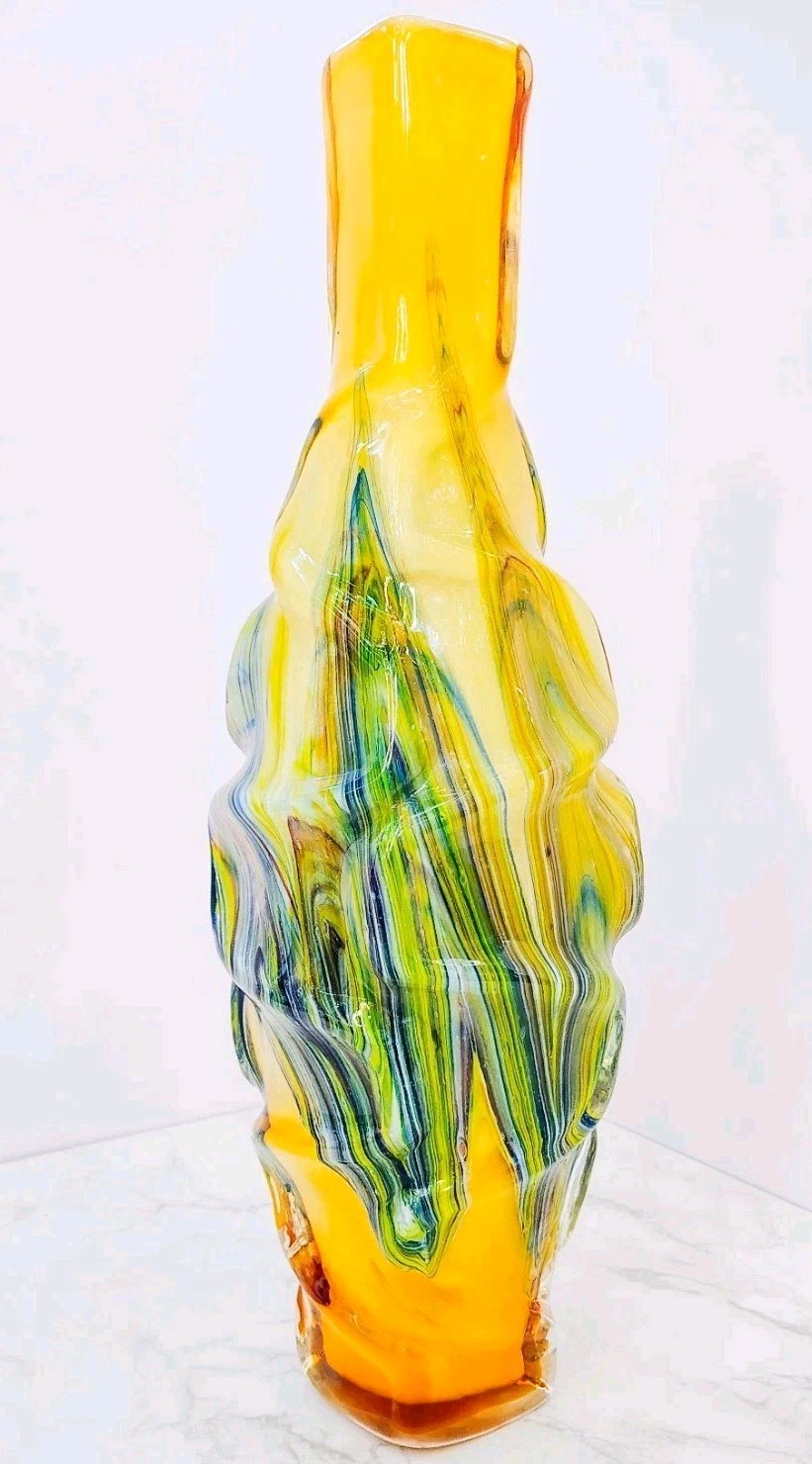 Murano Style Hand Blown Art Glass Vase Sculptural Yellow Free Form 15.5”