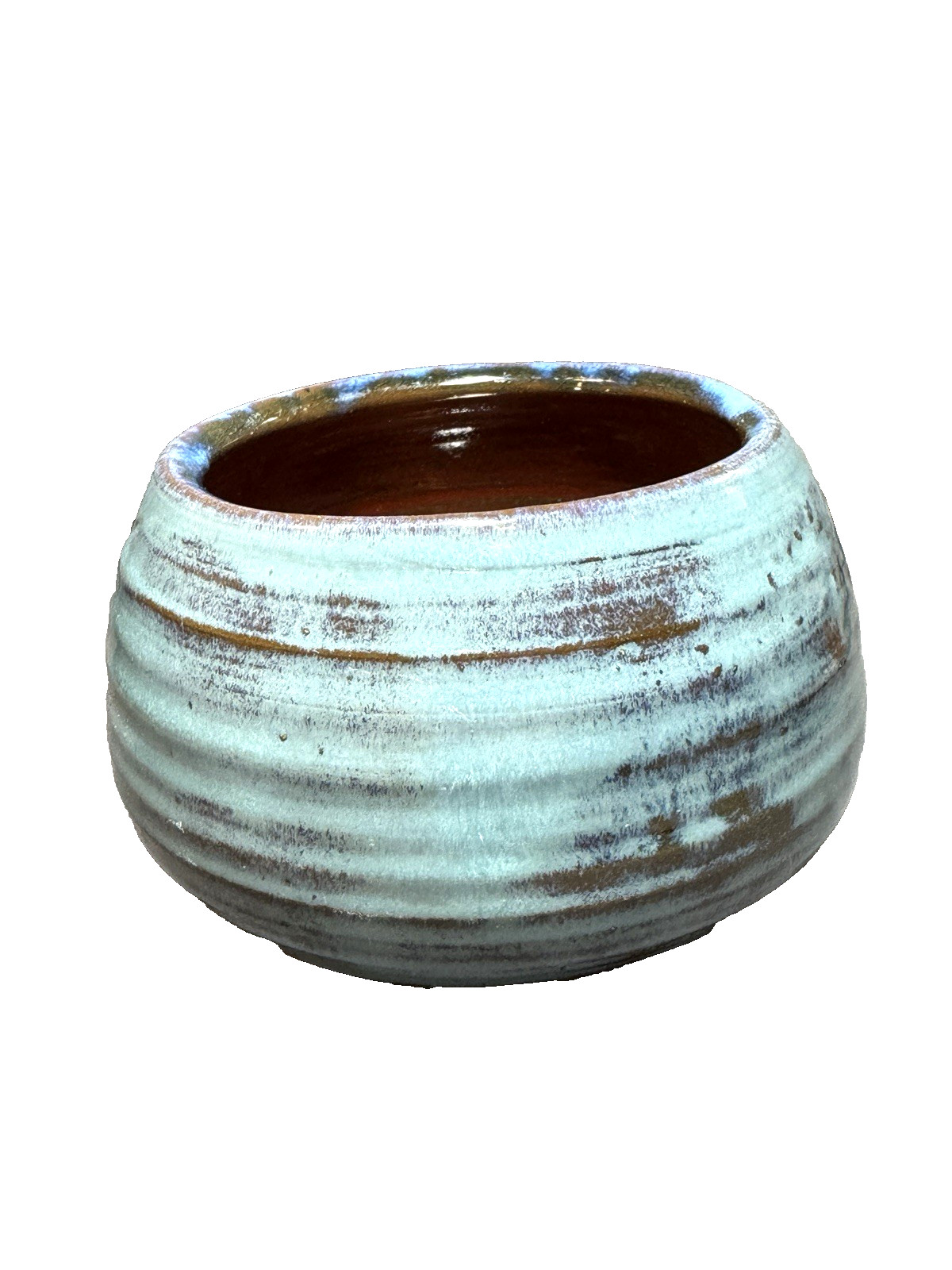 Pottery Bowl Vase Blue Green Red Interior Artisan Signed RMF 1969 Vintage NICE